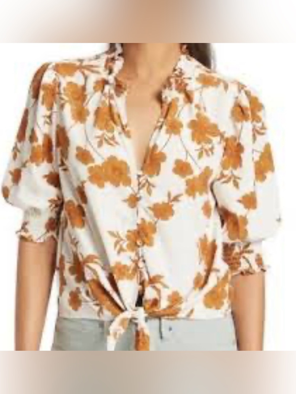Sanctuary Womens Summer Romance Blouse Cream Brown Floral V Neck SZ Medium